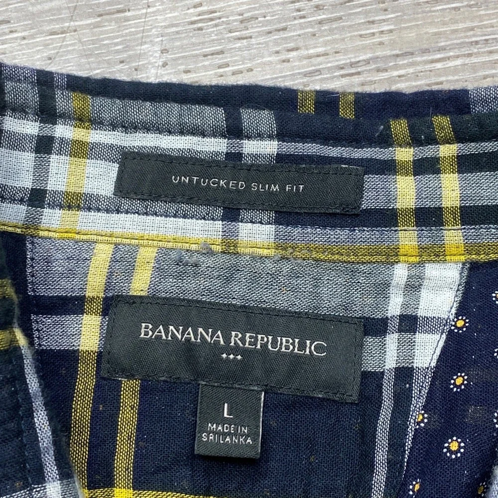 Banana Republic Flannel Shirt Mens L Navy Yellow Good Untucked Slim Fit Plaid